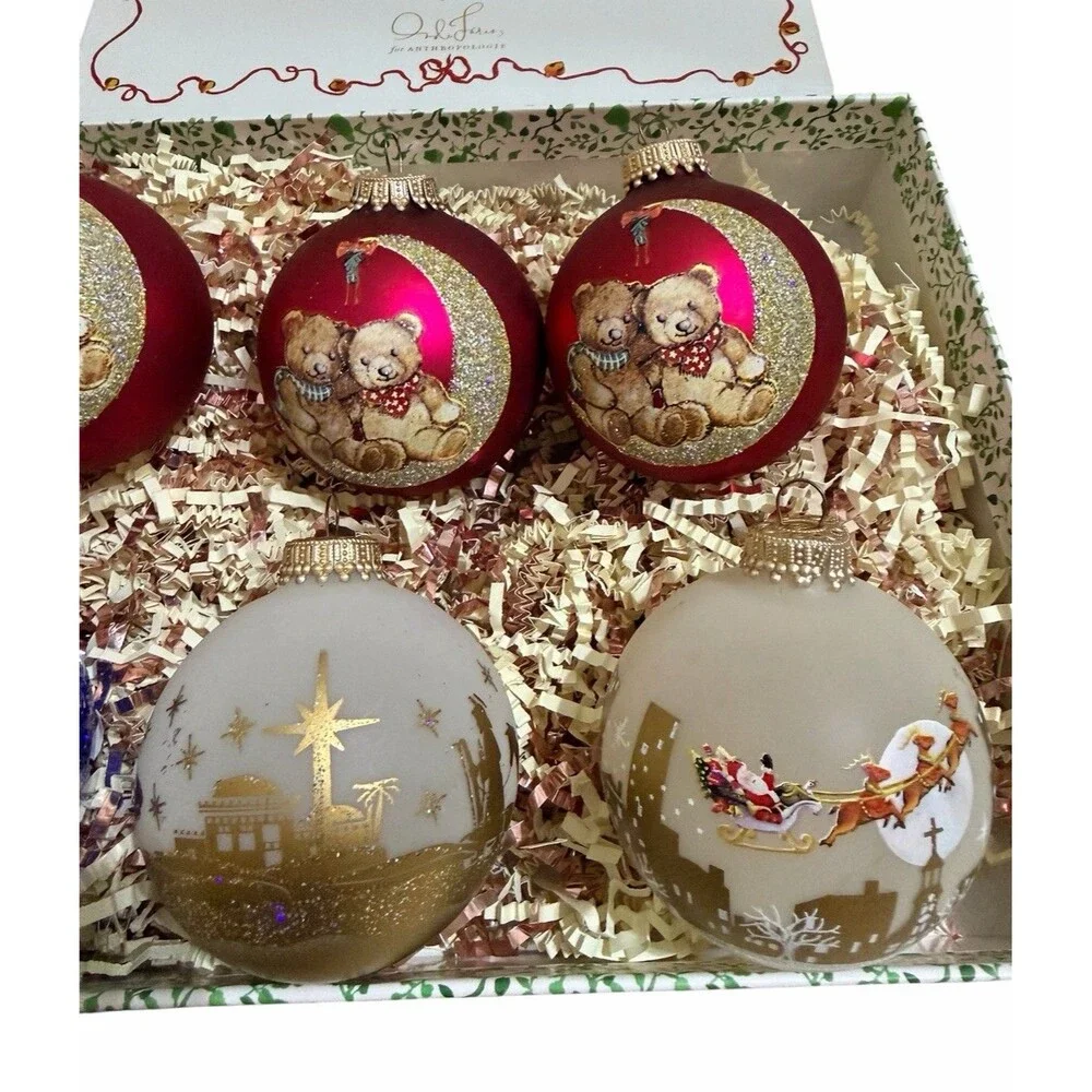 Vtg Krebs Hand Decorated Glass Christmas Ornaments Set Of 6 Teddy Bear Santa